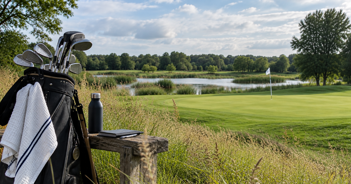 Golftas naast een houten bank met uitzicht op een golfbaan en water.