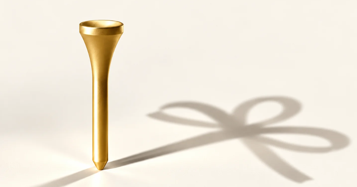 Gouden golftee met een schaduw in de vorm van een cadeaustrik